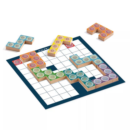 A Djeco Spotissimo Tactic Game with a number of pieces on it.