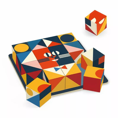 A Djeco Cubologic 16 Game cat made out of geometric shapes on a white background.