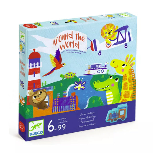 A Djeco Around the World Game puzzle box with a picture of animals and a plane.