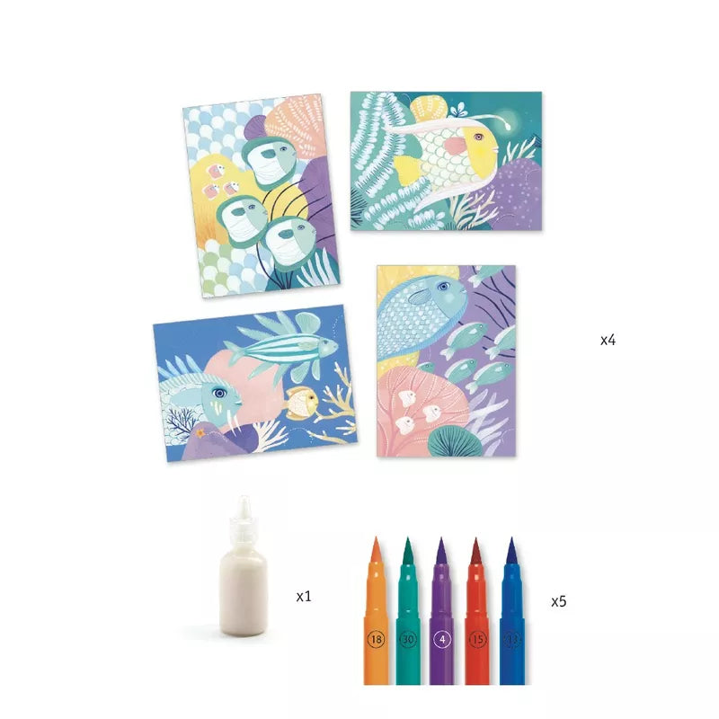 A group of Djeco Felt Tips Brush Pens Under the Sea in different colors next to each other.