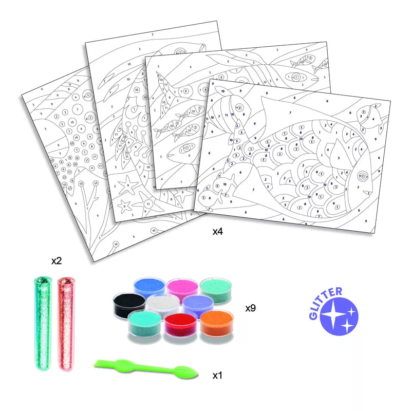A set of four Djeco Sand Art Fish rainbows coloring sheets with Djeco markers.