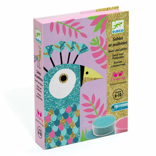 A Djeco box with a blue bird on it.