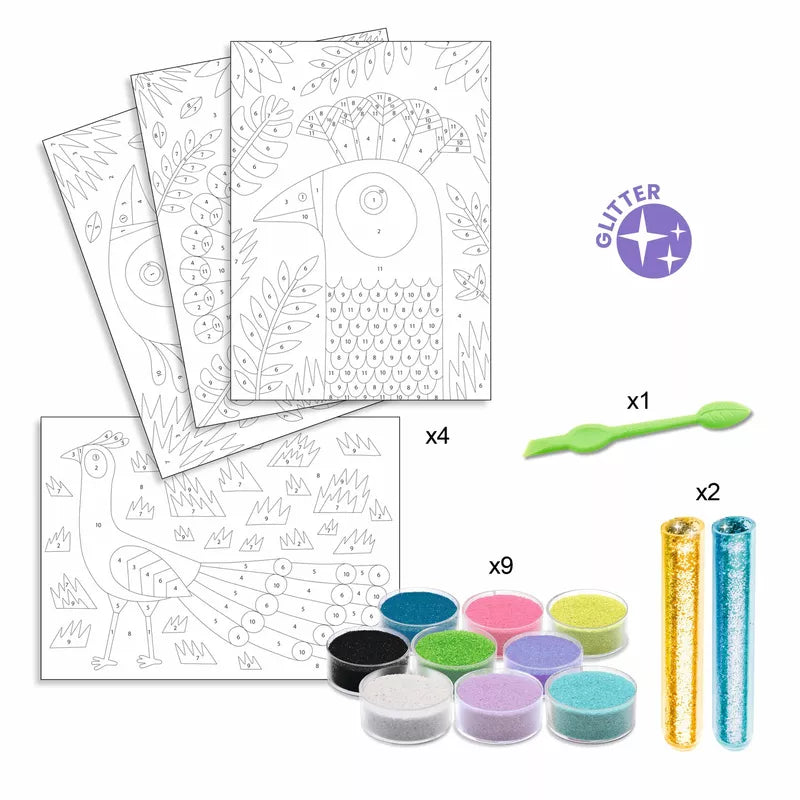 A set of four coloring pages with markers and markers.