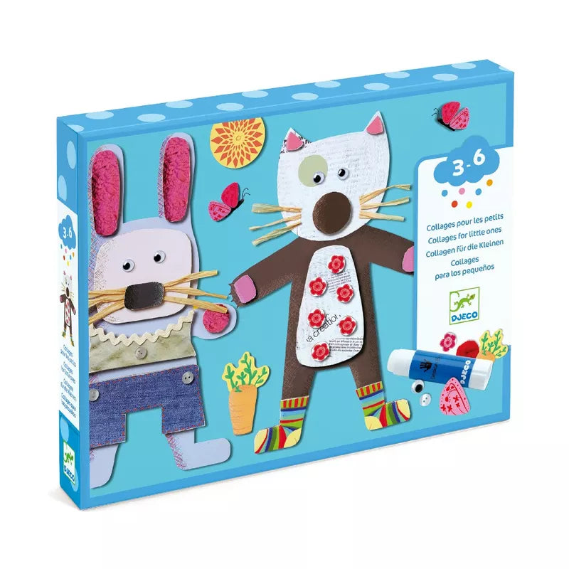 A Djeco Collages for Little Ones box with a picture of a cat and a bunny.