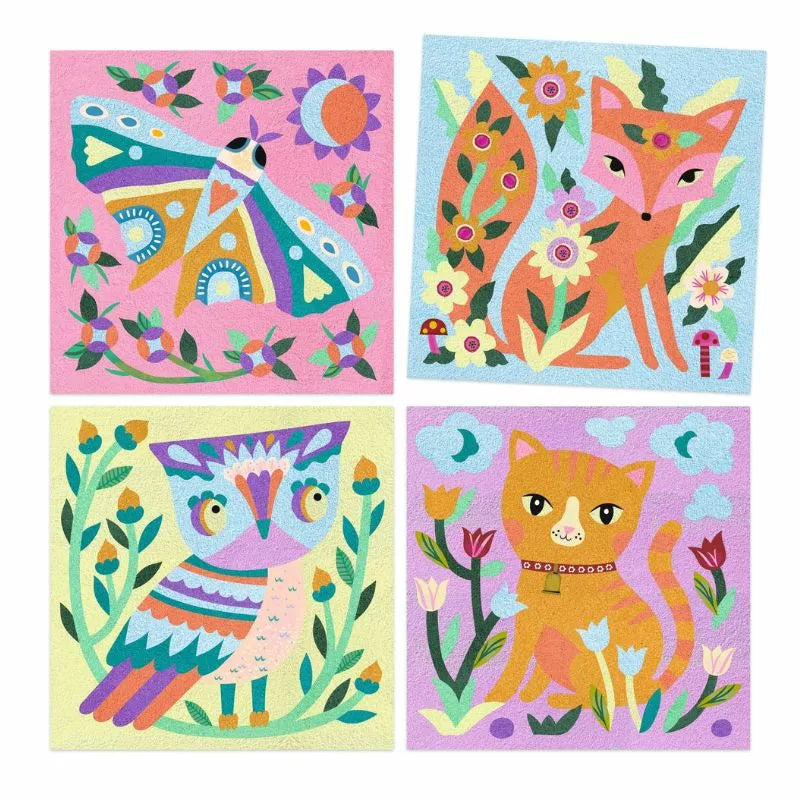 Four colorful paintings of cats and flowers created using Djeco Felt Tip Brush Garden Lights on a white background.