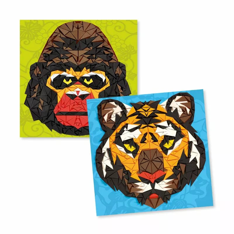 Two pictures of a monkey and a tiger made with Djeco Mosaics Khan by Djeco.