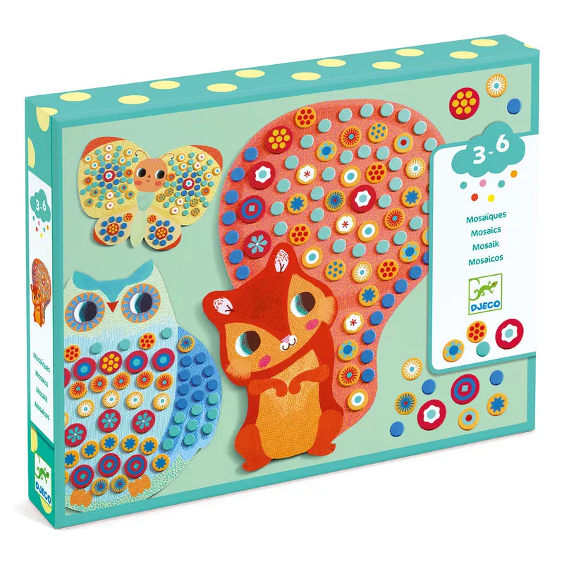 A Djeco Milfiori Mosaics puzzle box with an owl and an owl on it.
