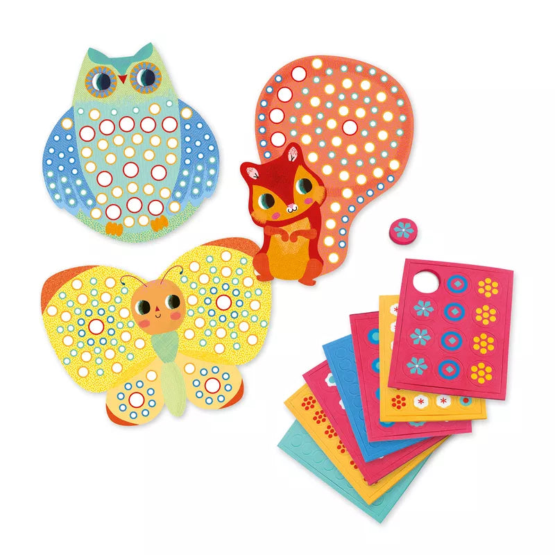 A group of Djeco Milfiori Mosaics paper cut outs of different shapes and sizes.