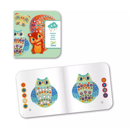 A picture of a Djeco Milfiori Mosaics book with a picture of an owl.