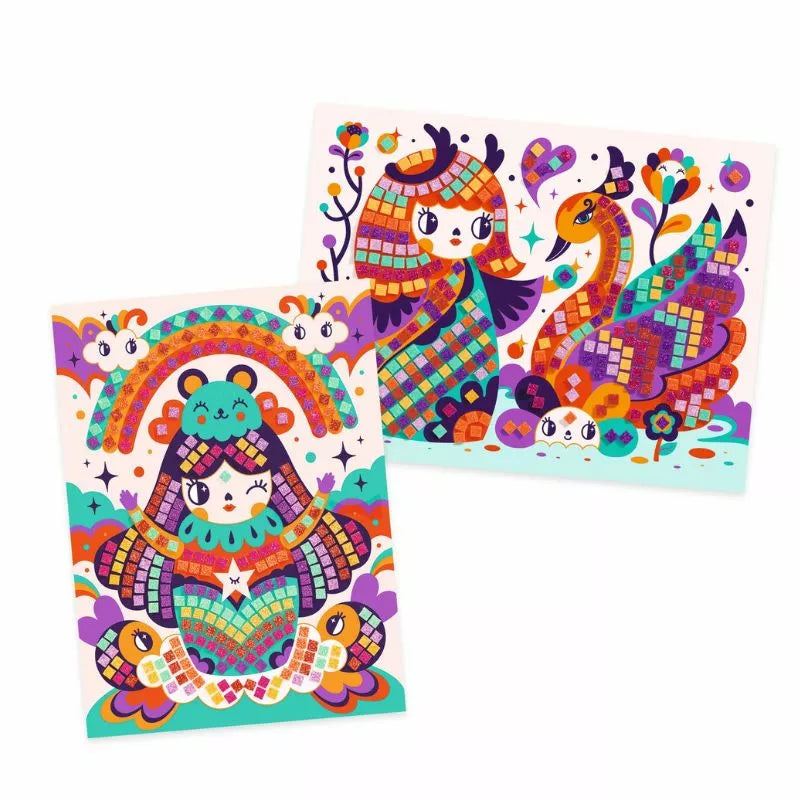 Two Djeco Mosaics Kokeshis cards with colorful designs on them.