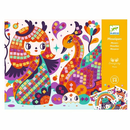 A picture of Djeco Mosaics Kokeshis, two colorful birds on a white background.