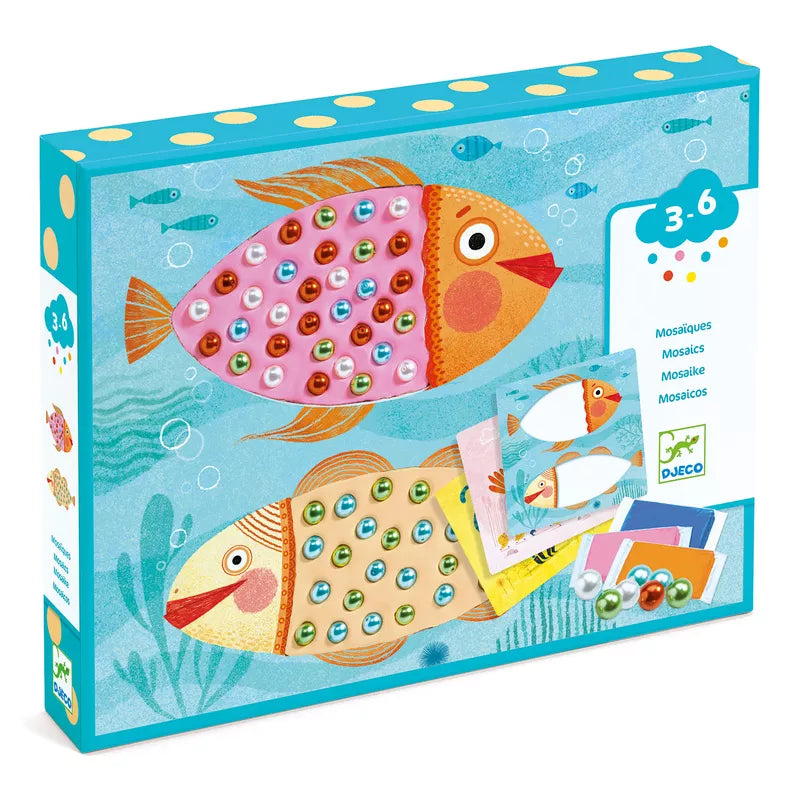 A Djeco Bead Mosaic puzzle box with a fish and a fish on it.