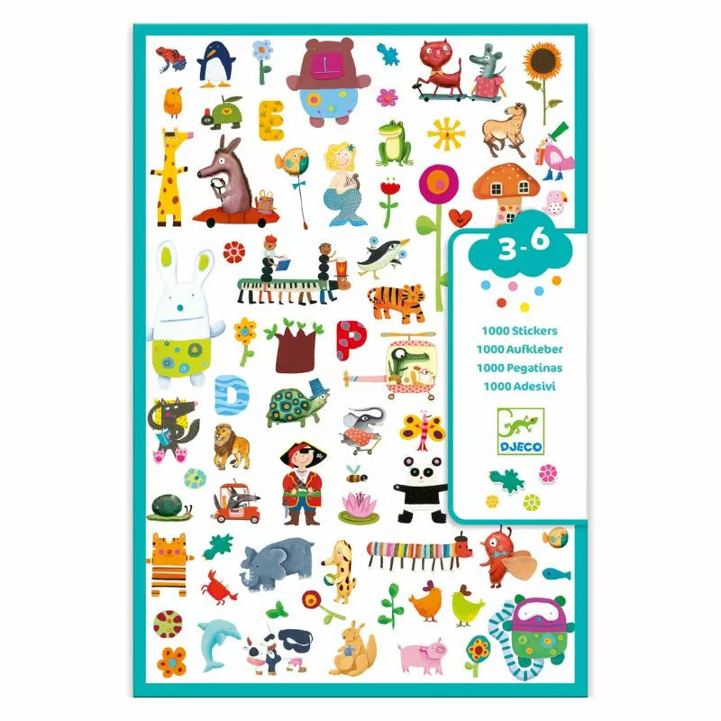 A Djeco sticker sheet with animals and numbers on it.