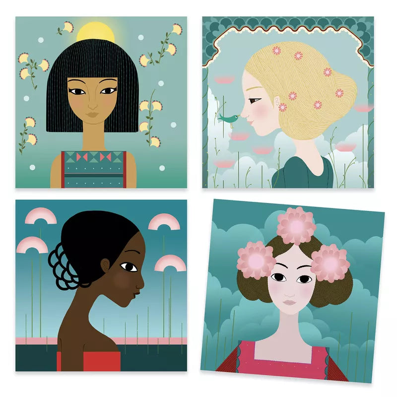 Four pictures of women with flowers in their hair using Djeco Stamps Patterns and decorations by Djeco.
