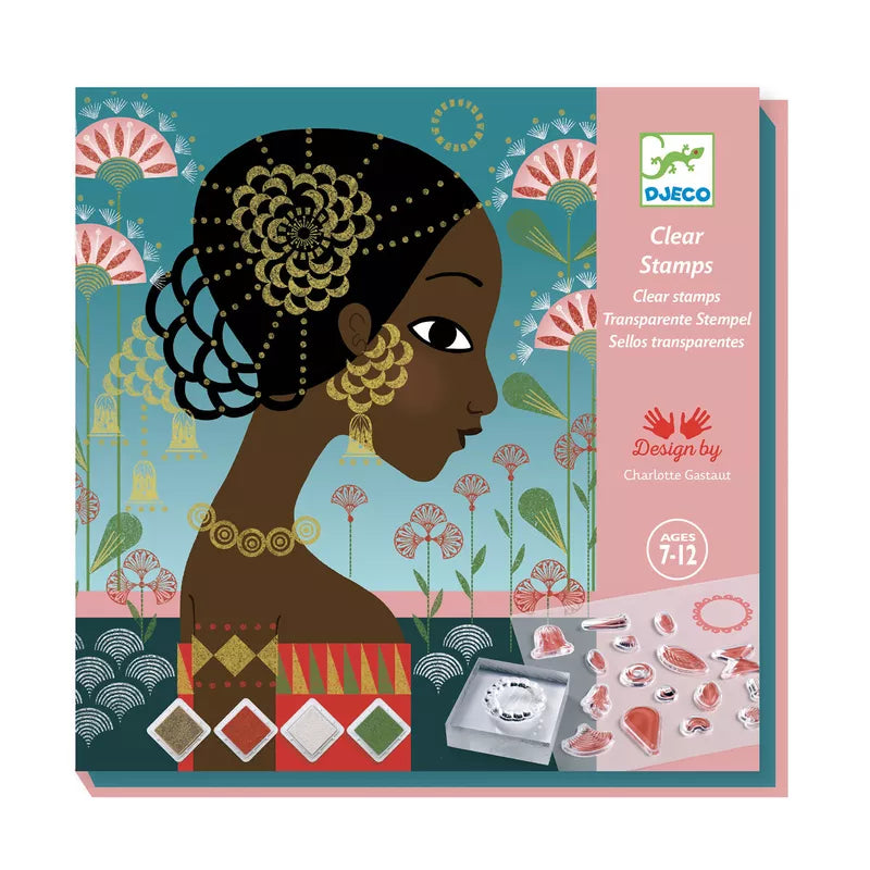 A picture of a woman with a flower in her hair using Djeco Stamps Patterns and decorations from Djeco.