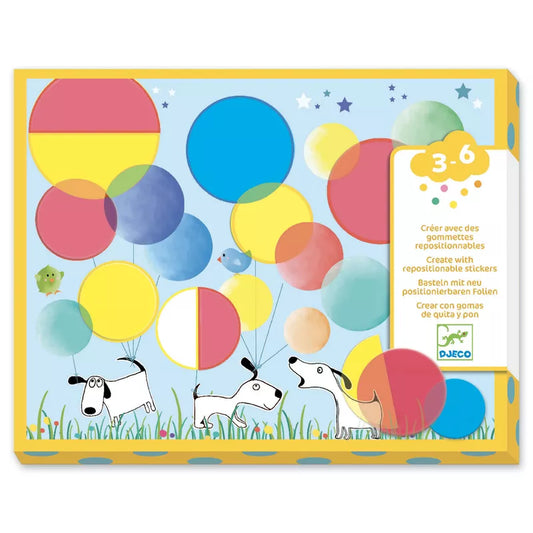 A Djeco Collages Magic circles card with a dog and balloons on it.