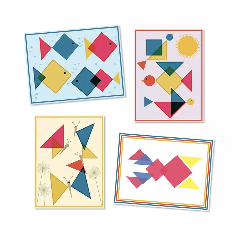 Four Djeco Collages Magic squares with different geometric designs on them.