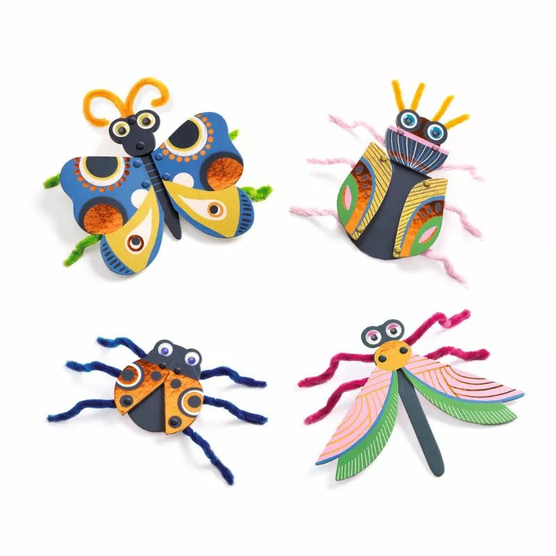 A group of four Djeco Threading Yarn bugs sitting on top of each other.