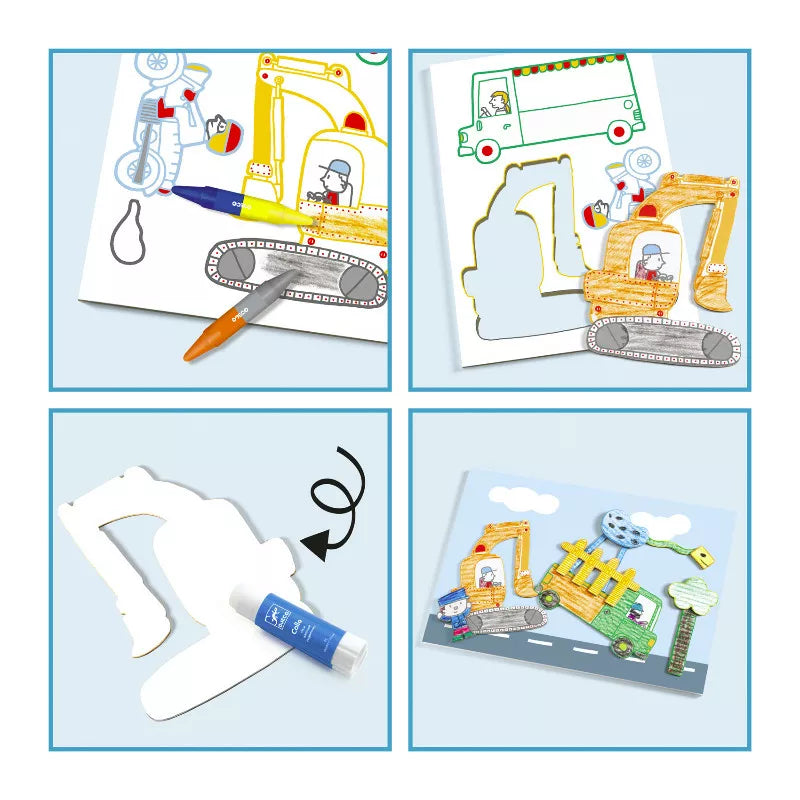 Four different pictures of Djeco A world to create, cars and scissors.