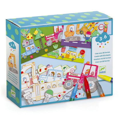 A box of children's wooden puzzles from Djeco, including the A world to create cars.