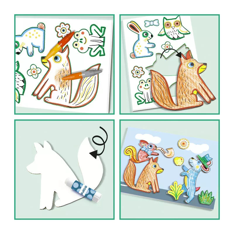 Four different pictures of Djeco A world to create, animals and a pair of scissors.