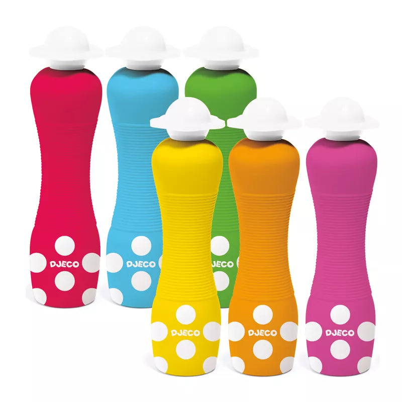 A group of colorful bottles with polka dots on them replaced by Djeco Colours for Little Ones – 6 foam markers by Djeco.