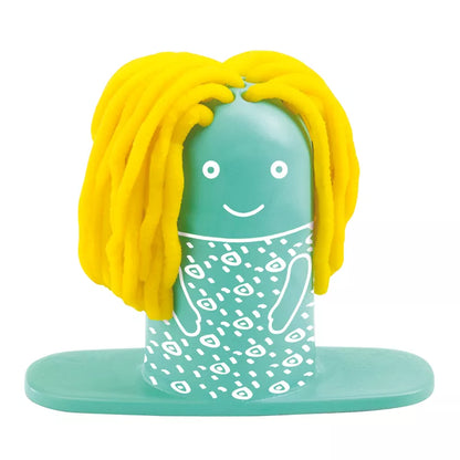 A blue and yellow Djeco Playdough Hairdressing toy with yellow hair.
