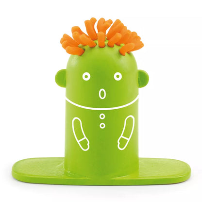 A green Djeco Playdough Hairdressing toy with orange flowers on its head.