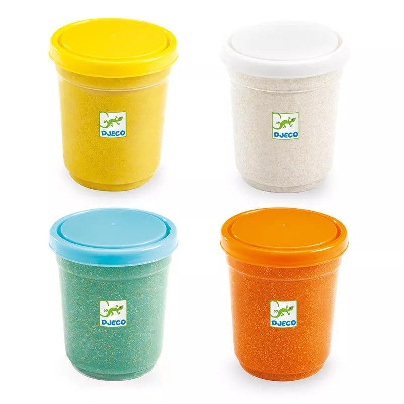 A group of four Djeco glittery play dough pots of different colors on a white background.