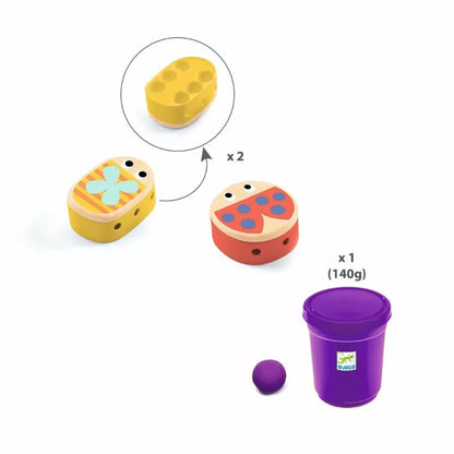 Three Djeco Light Clay Myplastibugs containers, two purple and one yellow.