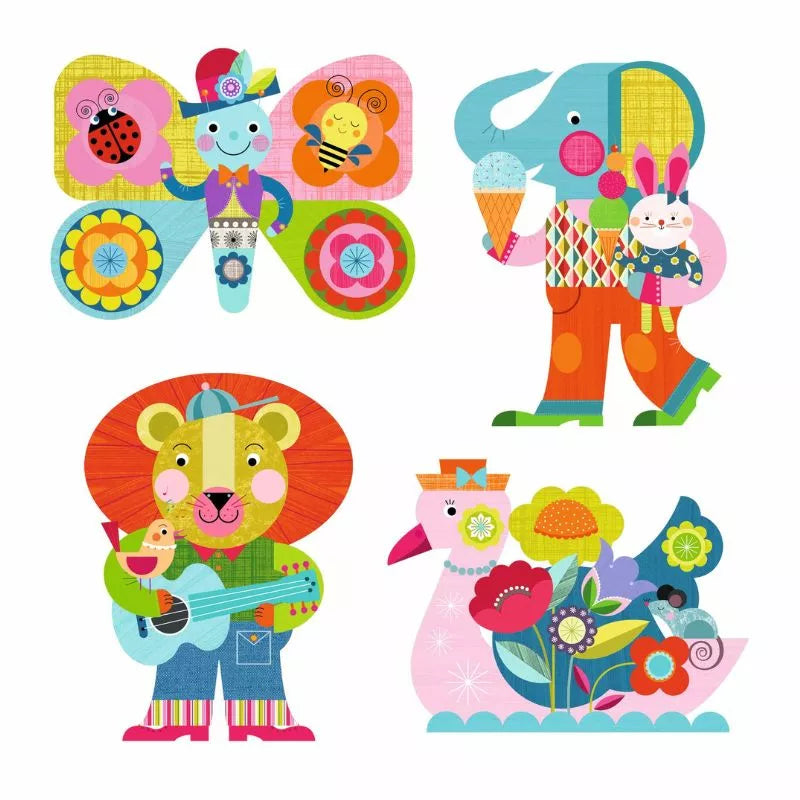 A set of four Djeco Colouring Animalo-Len illustrations of animals.