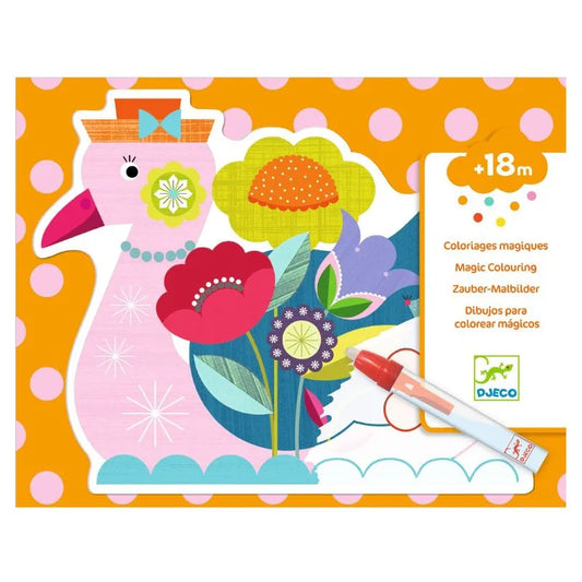 A Djeco Colouring Animalo-Len card with a picture of a bird and flowers.
