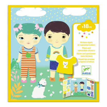 A Djeco Create with Stickers Clothes book with a picture of two boys and a dog.
