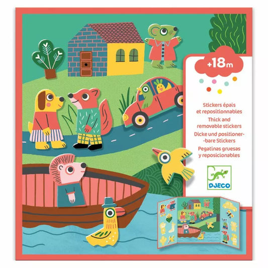 A Djeco children's book with a picture of a boat and animals.