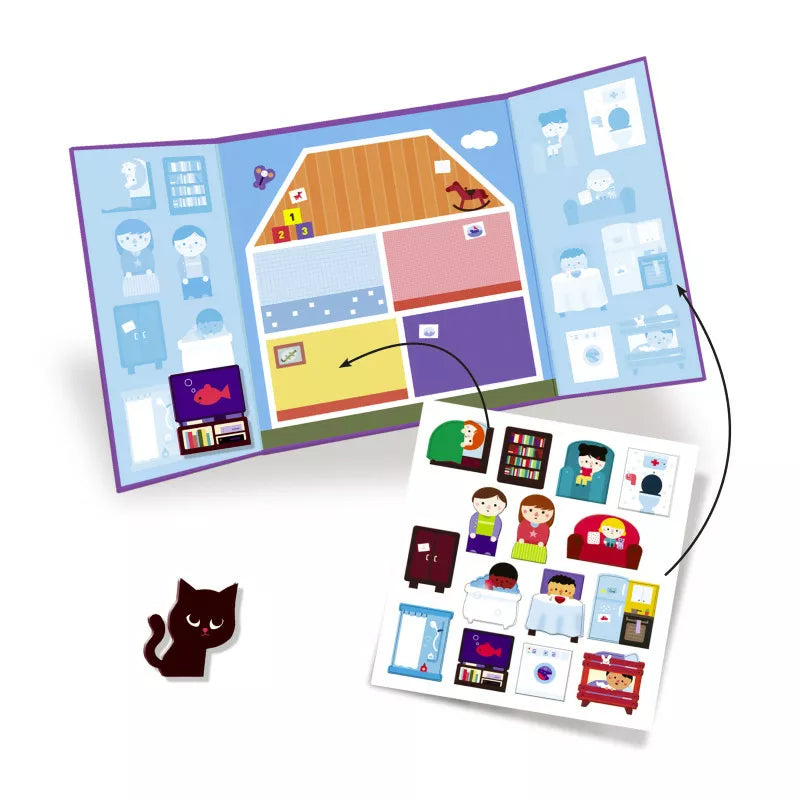 A Djeco Create with Stickers House with a cat next to it.