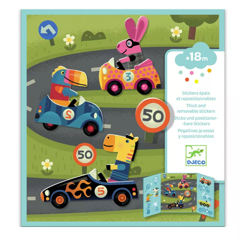 A Djeco Create with Stickers Cars children's puzzle board with cars and a bunny on the road.