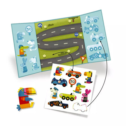 A picture of Djeco Create with Stickers Cars on a road with cars and trucks on it.