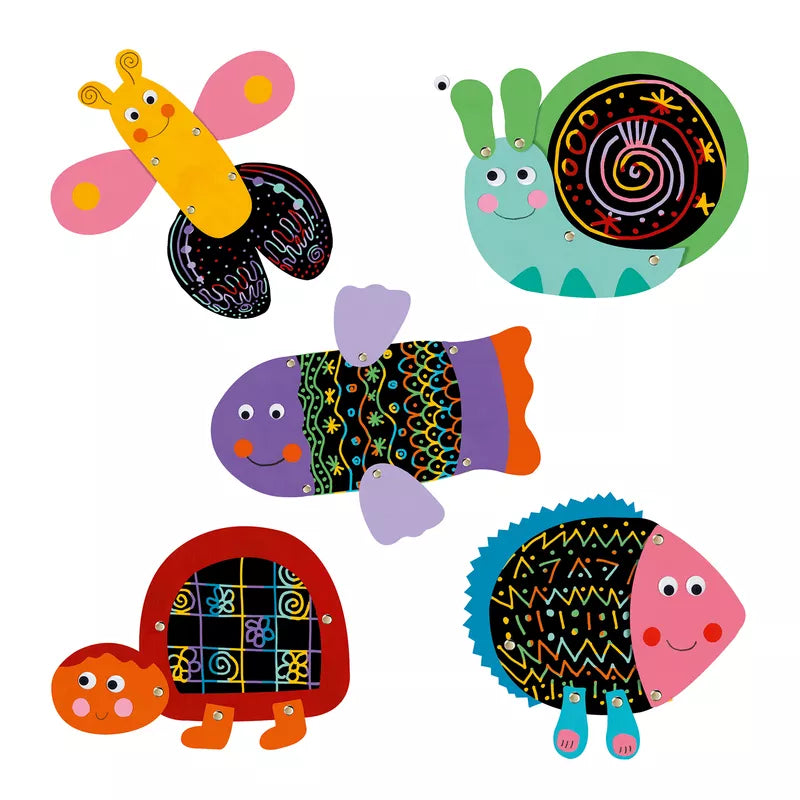 A group of four colorfully painted Djeco Scratch Board Scratch the funny animals.