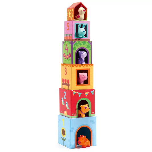 A tall tower of Djeco Topanifarm Stacking blocks with a little girl inside.