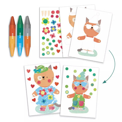 A group of Djeco Multi Activity Animal houses with markers and markers.