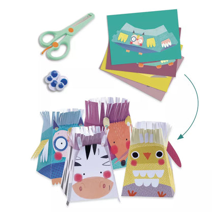 A collection of Djeco Multi Activity Animal houses and craft supplies including scissors.