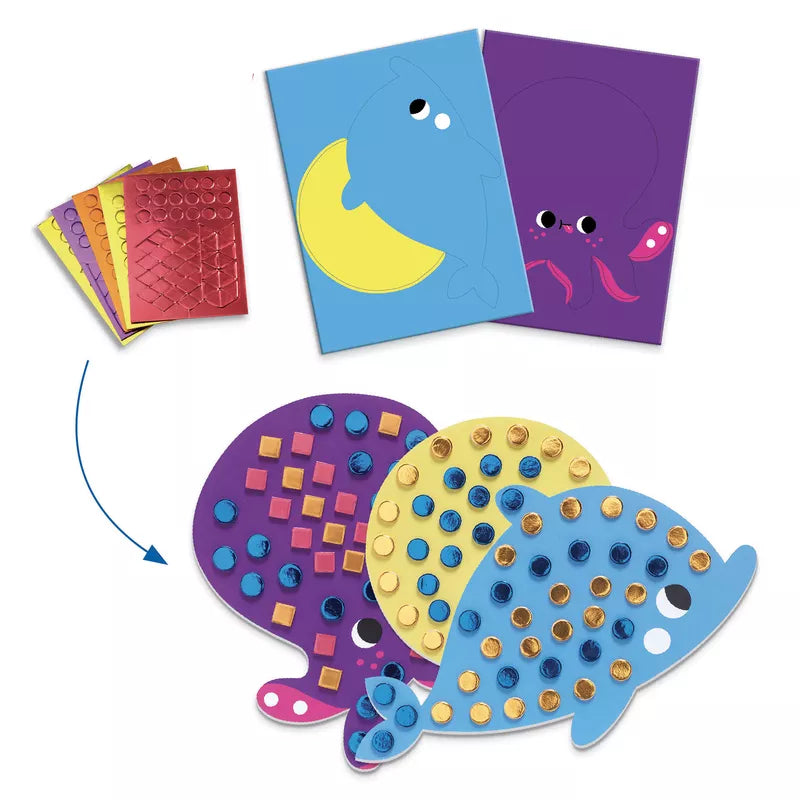 A group of Djeco Seaside Delights Creative Pack cards with different designs on them.