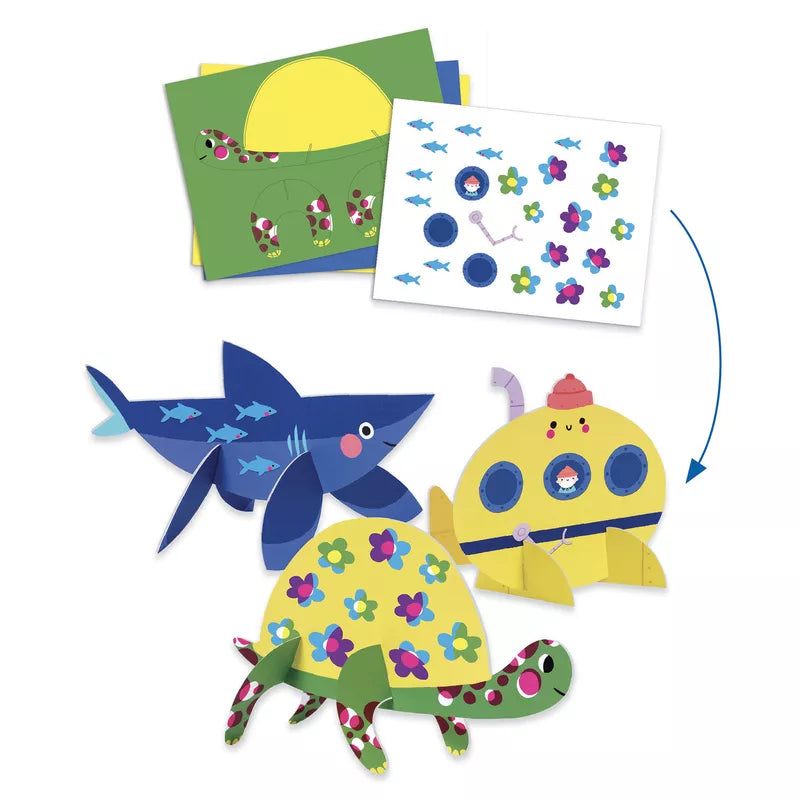 A group of Djeco Seaside Delights Creative Pack paper cut outs of animals and fish.