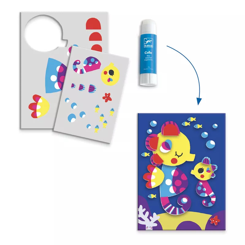 A picture of a Djeco Seaside Delights Creative Pack door hanger and a picture of a Djeco Seaside Delights Creative Pack fish.