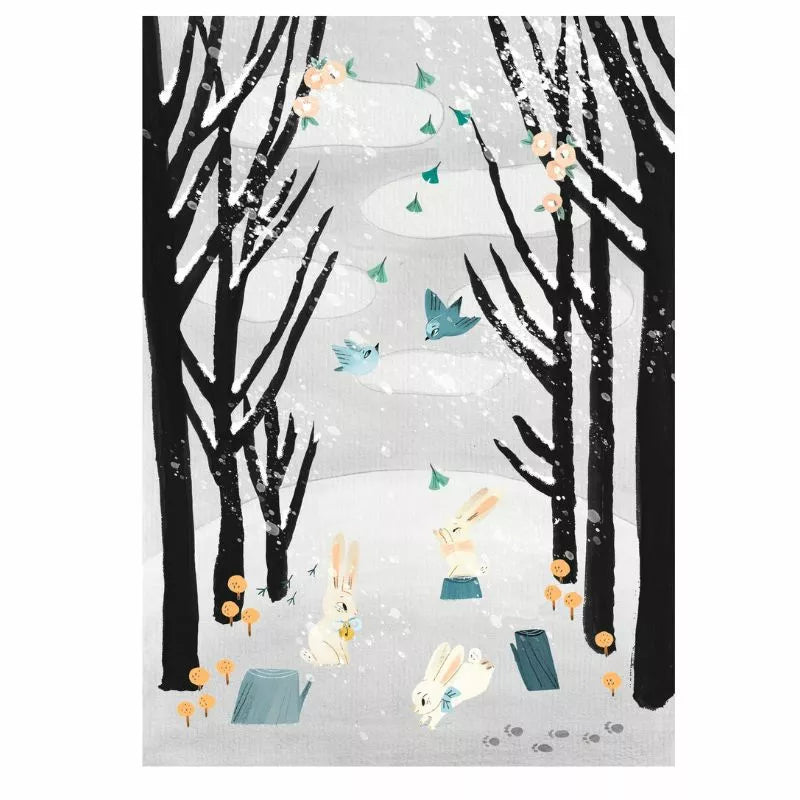 A painting of rabbits in a snowy forest using Djeco Workshop The Last Snowfall by Djeco.