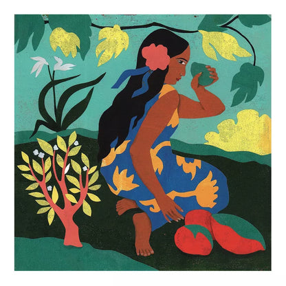 A painting of a woman sitting on the ground, inspired by Polynesia from Djeco.