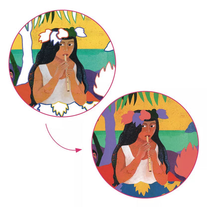 Two pictures of a woman with a flute from Djeco Inspired By – Polynesia by Djeco.