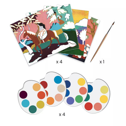 A set of four Djeco Inspired By – Polynesia art cards with paint and a brush.