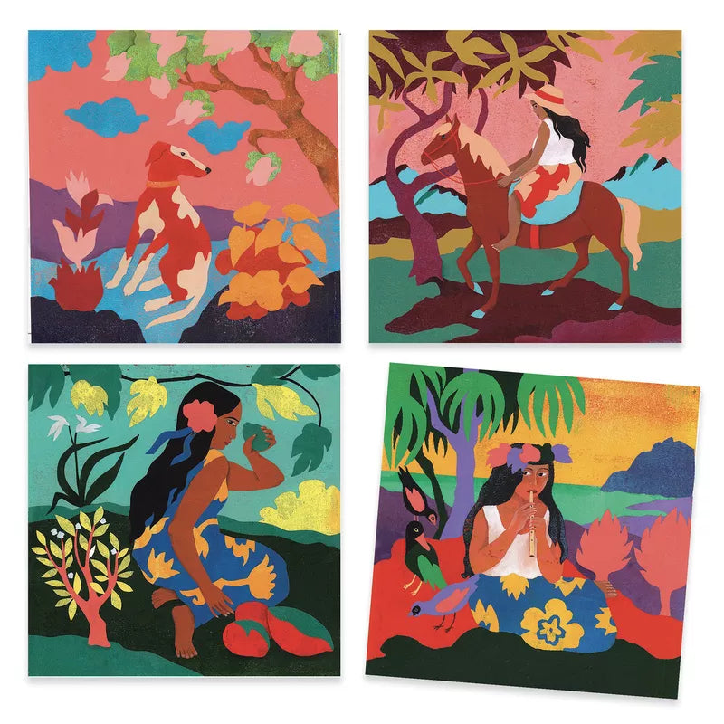 Four paintings of a woman and a horse from Djeco Inspired By – Polynesia collection by Djeco.