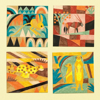 Four colorful paintings of animals in a landscape inspired by the desert from Djeco.